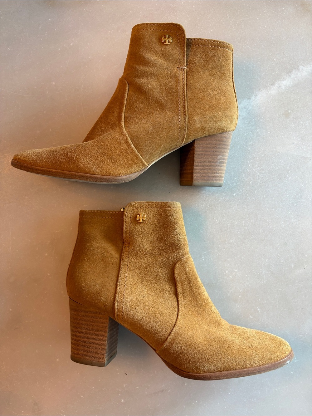Tory Burch “Sabe” Suede Block Heel Booties with Gold Logo